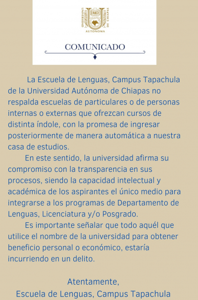 Comunicado Oficial Escuela de lenguas Campus  Tapachula